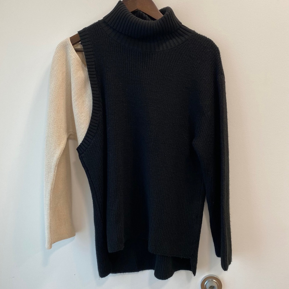 Lauren Vidal Sweater Womens S Black Cream Lina Turtleneck Cutout Wool Blend Knit